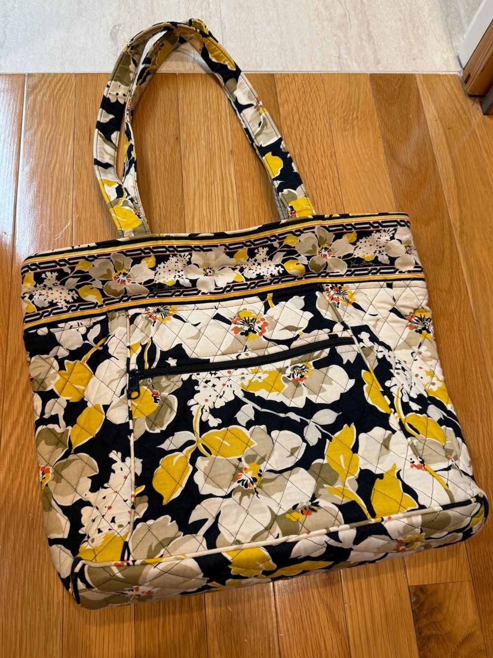 Vera Bradley Quilted Floral Tote in Black, Yellow & Cream